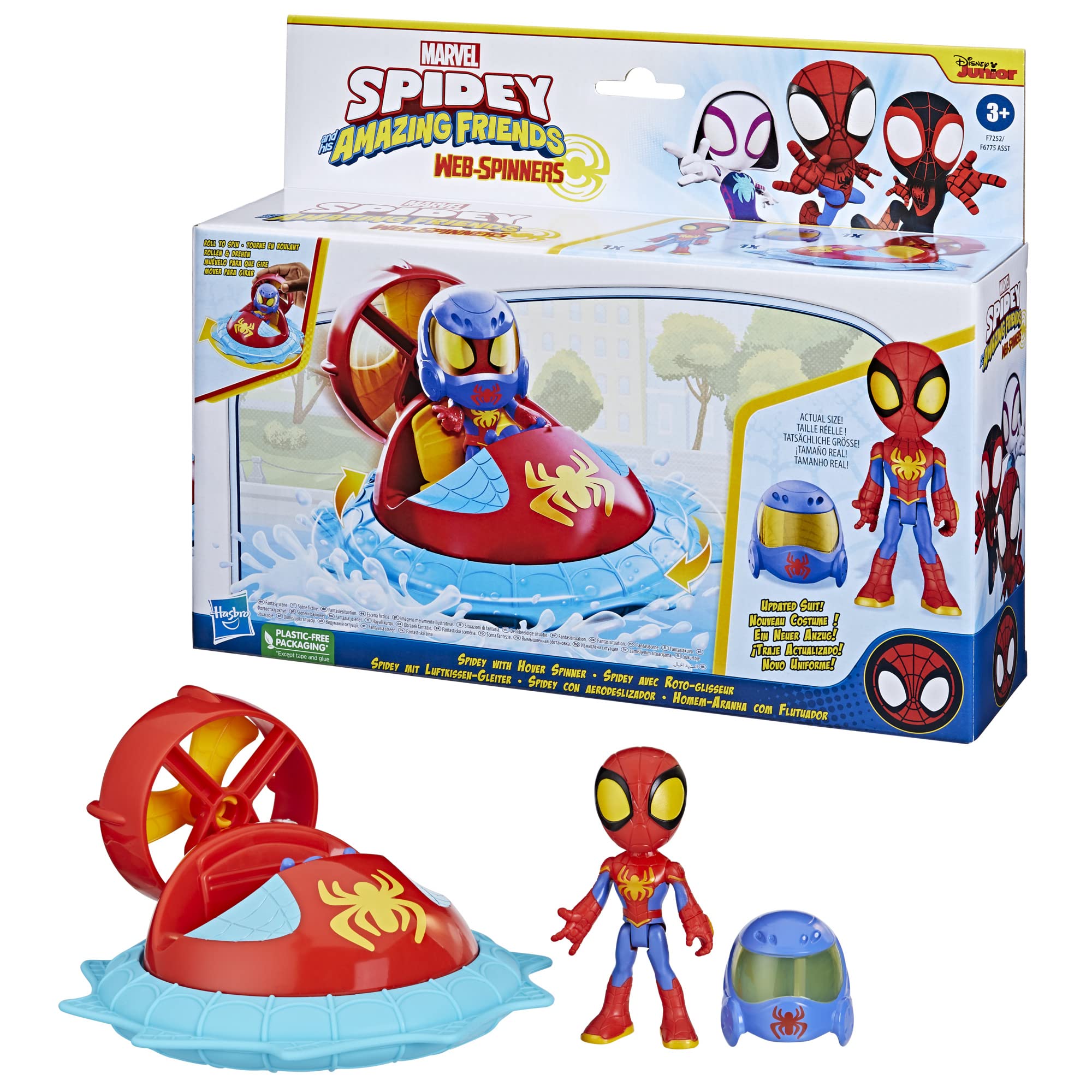 Spidey and His Amazing Friends Hasbro Marvel Web-Spinners Spidey with Hover Spinner,Car Playset with Vehicle,Figure,and Accessory,Toy Cars for Kids 3 and Up