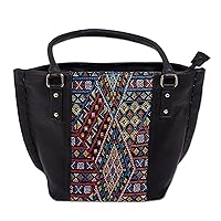 NOVICA Handmade Cotton Accent Leather Shoulder Bag Geometric Pattern Multicolor Embroidered Mexico Cultural 'Otomi Geometry'