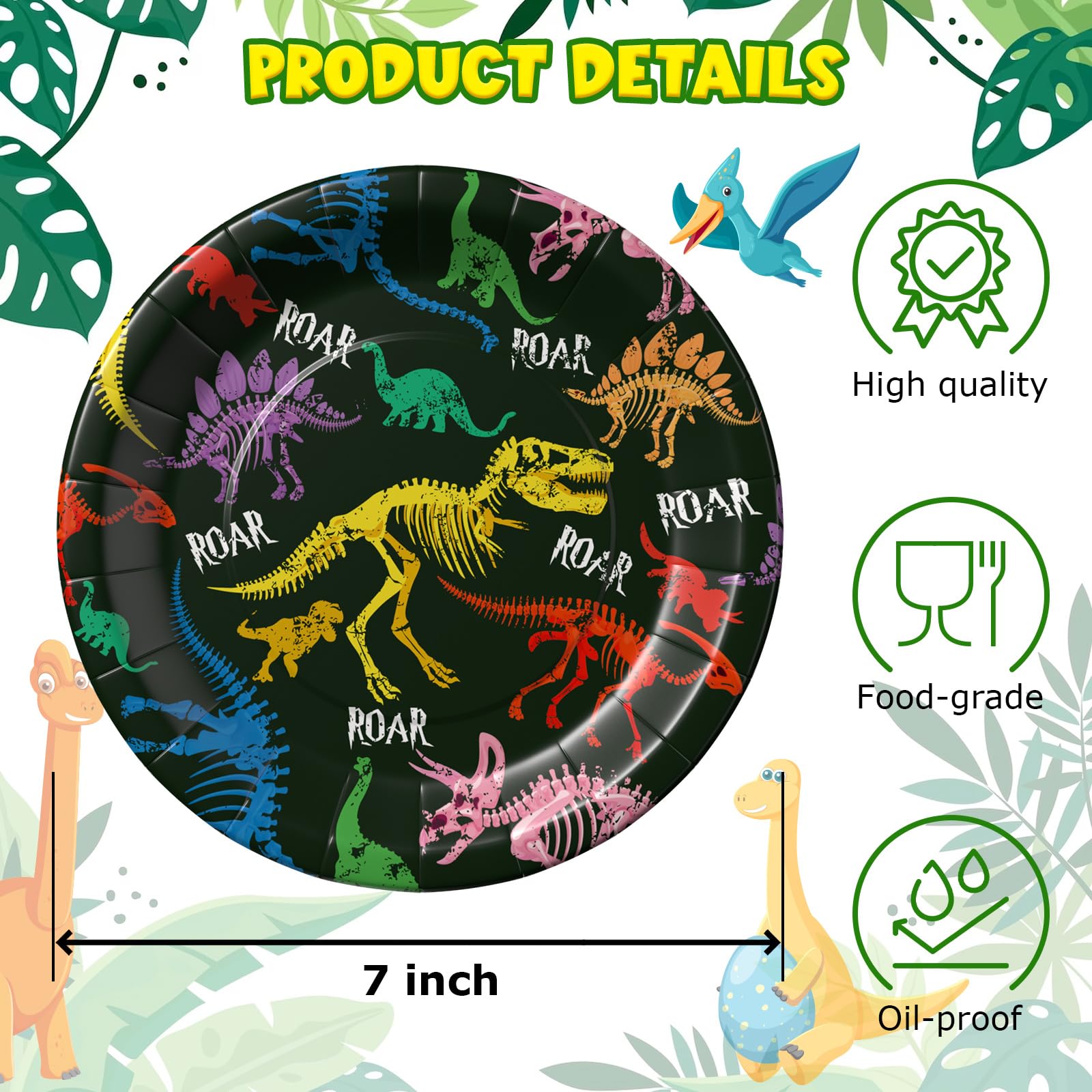 AFZMON Dinosaur Party Plates- 50 Pack 7’’ Disposable Three Rex Paper Cake Plates, Dinosaur World Themed Birthday Party Supplies Decorations Tableware for Kids Baby Shower