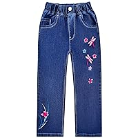 Peacolate 5-12 Years Little Big Girl Dark Blue Trousers Embroidered Dragonfly Straight Jeans(Dragonfly,5-6Years)