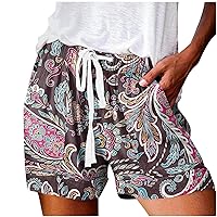 ZunFeo Summer Flowy Shorts Women Trendy 2023 Elastic Waist Western Graphic Bermuda Shorts Loose Hawaiian Beach Shorts