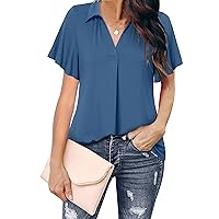 Furnex Women's V Neck Blouses Ruffle Short Sleeve Collared Shirts Business Casual Tops