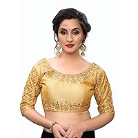 TreegoArt Women's Embroidered Indian Ethnic Phantom Silk Readymade Blouse With Round Neck -(BL-20038-Beige)