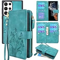 Compatible with Samsung Galaxy S23 Ultra 5G 2023 Case，[12 Card Slots] ID Credit Cash Holder Zipper Pocket Detachable Magnet Leather Wallet Cover with Wrist Strap Lanyard(Floral Blue Green)