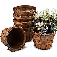 6 Pieces 6x7.5'' Small Wood Bucket Round Bushel Baskets Small Wood Fruit Buckets Farmers Market Harvest Basket Garden Basket with Metal Handle Wooden Buckets Food Service Display Baskets Barrel Basket