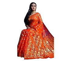 Durga Puja Behula Jamdani Dhaka Cotton Soft Saree Indian Bengal Breathable Woven Muslim zari Self Work Sari Women 603 (Orange)