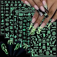 Halloween Ghost Nail Art Stickers Decals Glow in The Dark Stickers 3D Self-Adhesive Luminous Spooky Spider Web bat Skull Pumpkin Nail Art Design Decoration for Women Girls DIY Acrylic Nails 8 Sheets