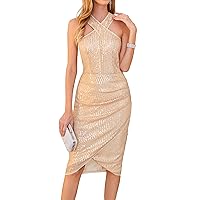 GRACE KARIN Women Sequin Cocktail Dress Sexy Halter Ruched Sparkly Glitter Party Club Bodycon Dress