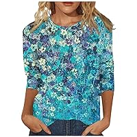 3/4 Length Sleeve Womens Tops Fashion Casual Round Neck Elbow Length Loose Floral Printed T-Shirt Ladies Tunic Tops