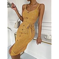 Dresses for Women 2023 Polka Dot Fake Button Split Hem Belted Cami Bodycon Dress (Color : Mustard Yellow, Size : Large)