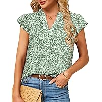 JASAMBAC Womens Blouses Dressy Casual V Neck Ruffle Short Sleeve Flowy Shirts Cute Loose Spring and Summer Tops