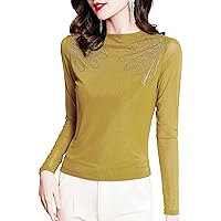 Mesh Tops for Women, Mock Neck Semi Sheer Long Sleeve Floral Rhinestone Patchwork Stretchy Blouses Elegant Work Shirts