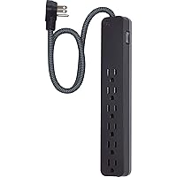 GE UltraPro 6 Outlet Surge Protector, 2 ft Designer Braided Extension Cord, Flat Plug, Long Power Cord, Wall Mount, Black, 44070