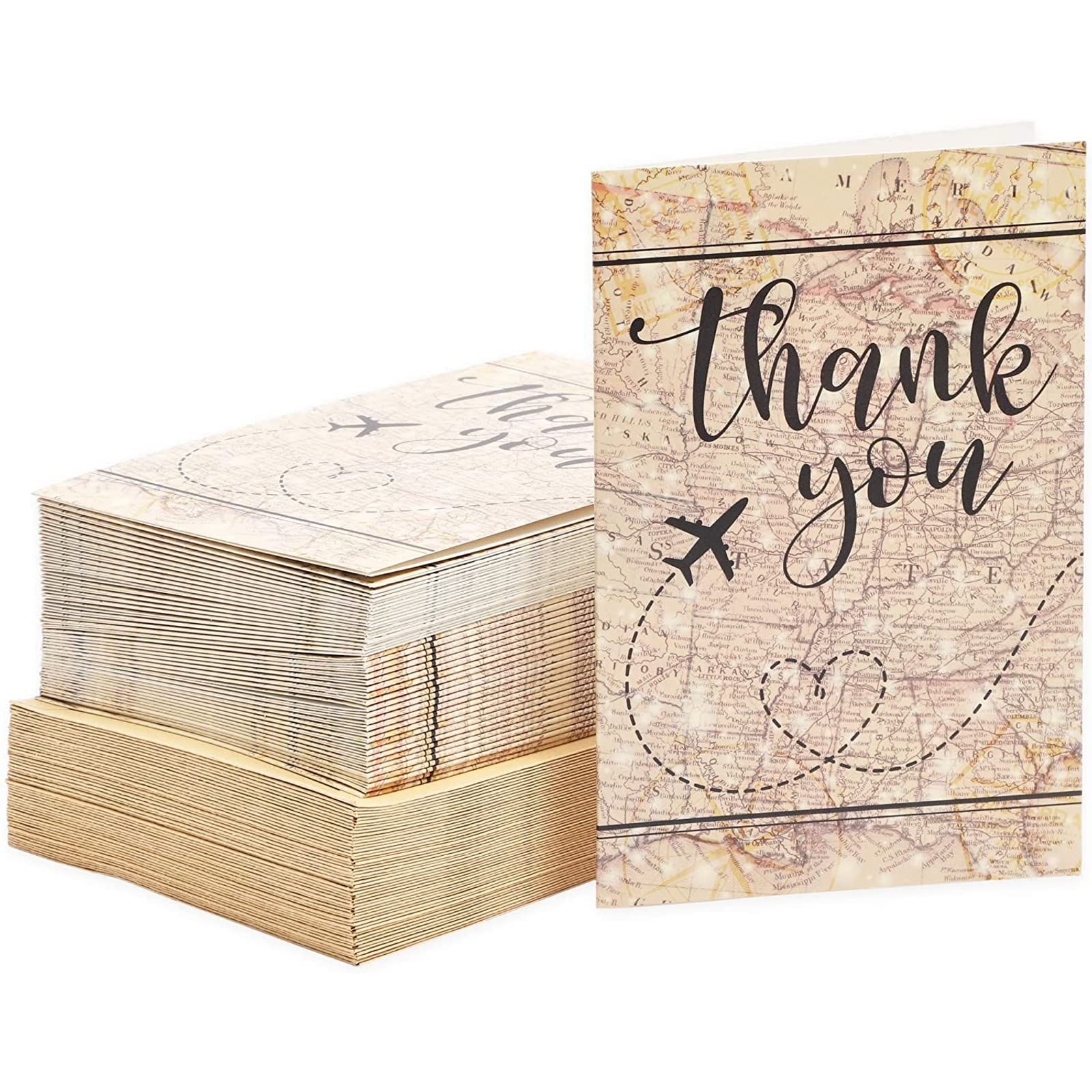 Pipilo Press 48 Pack Travel Thank You Cards with Envelopes, 4x6 Notecards with Airplane, Map, and Adventure Design (Brown)