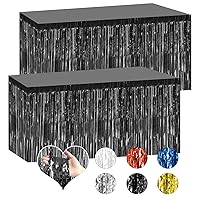 2 Pack 29.5x108 Inch Black Foil Tinsel Fringe Table Skirts, Disposable Table Skirts for Rectangle Tables Curtains Backdrop Parade Wedding Floats Baby Shower Birthday Mardi Gras Party