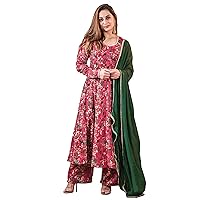 Janasya Mothers Day Gifts Pink Georgette Digital Floral Printed Kurta with Palazzo and Dupatta