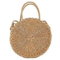 Handwoven Round Rattan Bag Shoulder Leather Straps Natural Chic Hand Round Straw Beach Bag (Coffee color)