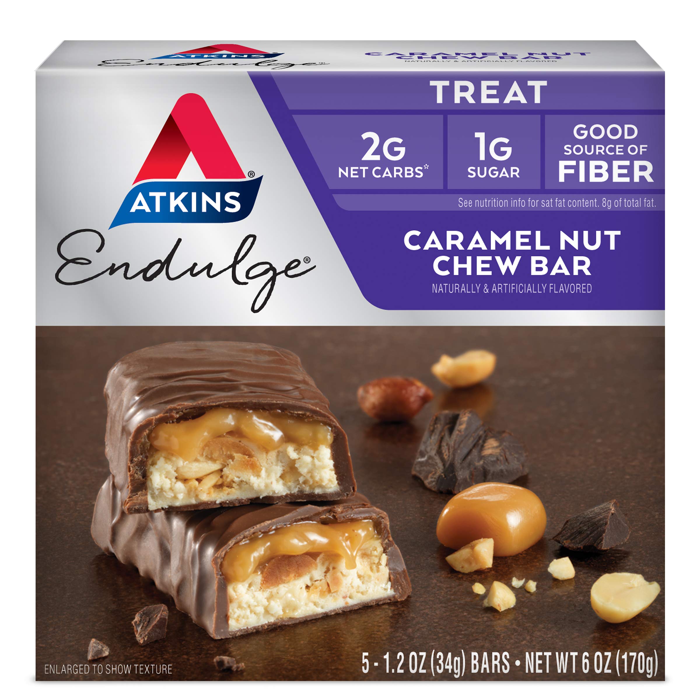 Atkins Endulge Caramel Nut Chew Bar, Dessert Favorite, 1g Sugar, Good Source of Fiber, 5 Count