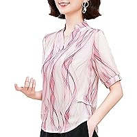 Women's Work Chiffon Tops Fashion V-Neck Lantern Short Sleeve Stripes Print Pleated Patchwork Blouse Elegant Loose Shirt