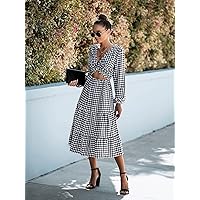 Women's Dress Gingham Twist Cut Out Ruffle Hem Bishop Sleeve Dress (Color : Black and White, Size : Small)