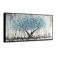 Arjun Blue Tree Wall Art Nature Tree of Life Abstract Canvas Painting Textured Picture Panoramic Landscape Artwork for Living Room Bedroom Bathroom Office Home Decor, Black Wood Framed Large 40