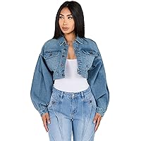 Twiin Sisters Women's Stretchy Button Down Long Sleeve Distressed Casual Crop Denim Jean Jackets for Women