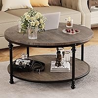IDEALHOUSE Round Coffee Table for Living Room Rustic Center Table with Storage Shelf Wood Circle Coffee Table with Sturdy Metal Legs, Easy Assembly(Light Walnut)
