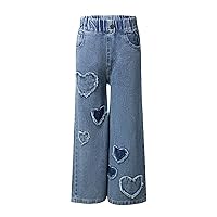 TiaoBug Kids Girls Casual Baggy Wide Leg Jeans Frayed Heart Patches Denim Pants Casual Denim Trousers with Pockets