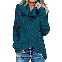Cowl Neck Sweater For Women Fall Fashion Buttons Solid Wrap Knit Pullover Outwear Casual Long Sleeve Blouses Tops