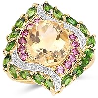 14K Yellow Gold Plated 6.66 Carat Genuine Citrine, Rhodolite and Chrome Diopside .925 Sterling Silver Ring
