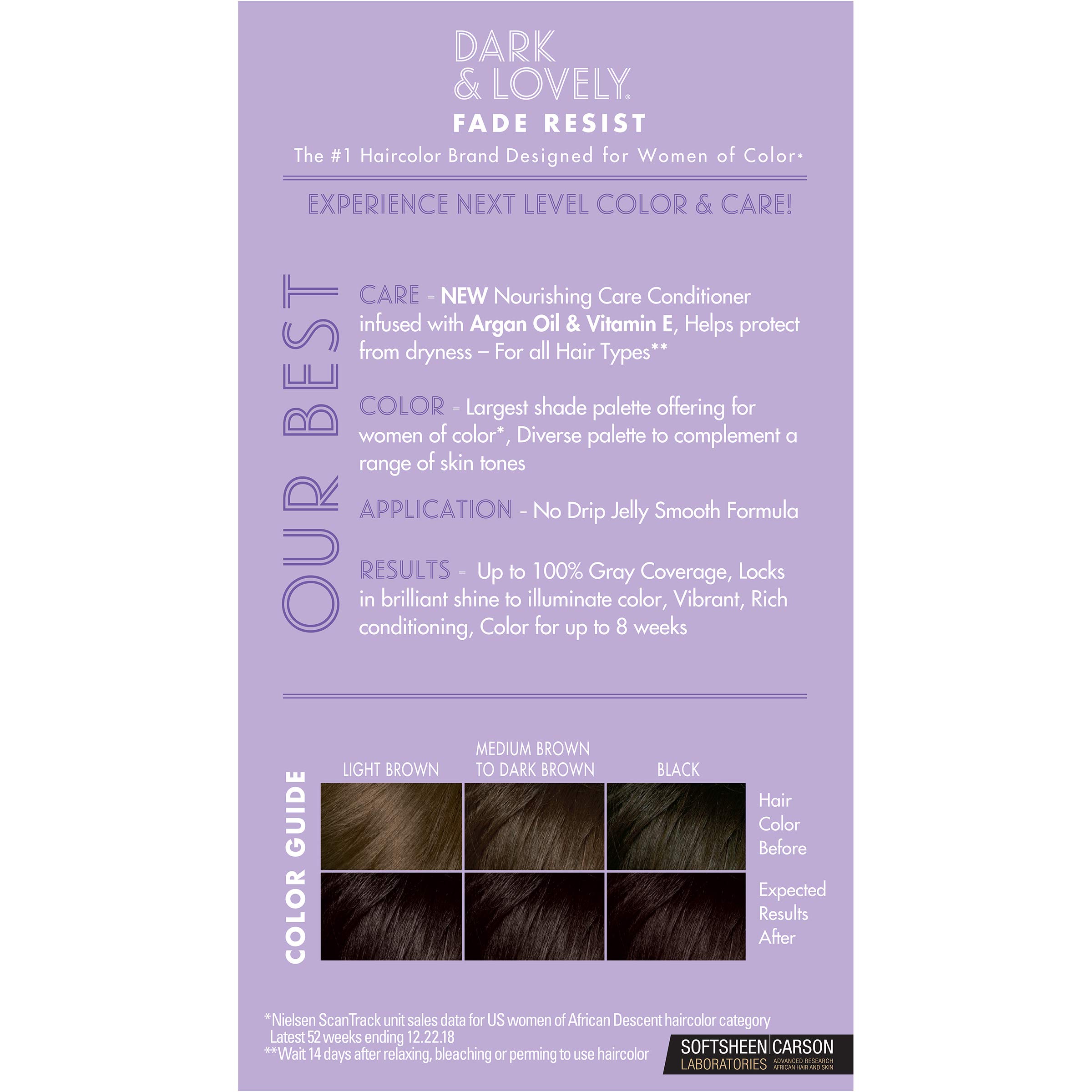 SoftSheen-Carson Dark and Lovely Fade Resist Rich Conditioning Hair Color, Permanent Hair Color, Up To 100 percent Gray Coverage, Brilliant Shine with Argan Oil and Vitamin E, Natural Black