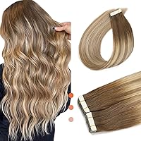 XDhair Tape in Hair Extensions, Balayage Walnut Brown to Ash Brown and Golden Blonde Remy Human Hair Extensions 18 Inch 20pcs 50g Tape in Extensions Real Human Hair (T#3/8/22-18 Inch)