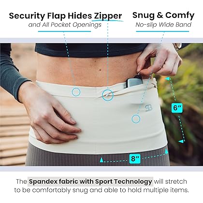 StashBandz Unisex Running Belt, Travel Money Belt, Fanny Pack, Waist Pack for Women and Men, 4 Big Security Pockets and Zipper, Fits All Size Phone, Passport, and More, Extra Wide Spandex