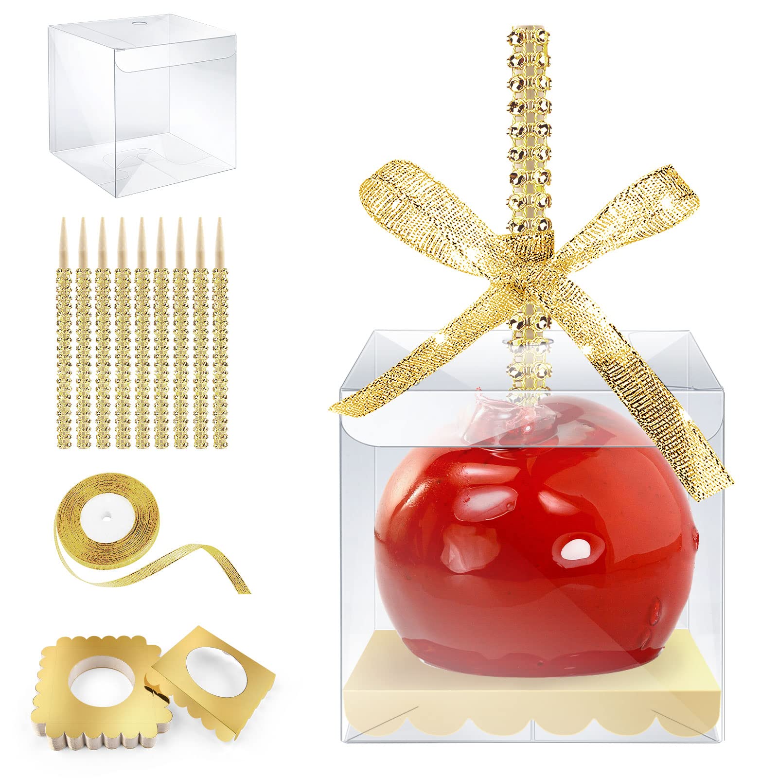 Candy Apple Boxes with Bling Stick Hole Set & 50 PCS Candy Apple Box Base,20 Pack Caramel Apple Wrapping Kit with Clear Containers & Rhinestone Bamboo Skewers &Glitter Ribbons for Wedding Party