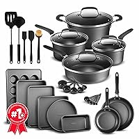 Cookware Set – 23 Piece –Black Multi-Sized Cooking Pots with Lids, Skillet Fry Pans and Bakeware – Reinforced Pressed Aluminum Metal - for Gas, Electric, Ceramic and Induction by BAKKEN Swiss