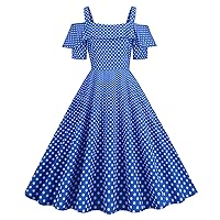 Wellwits Women's Ruffle Off Shoulder Strap Polka Dots 1950s Vintage Dress