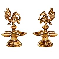 Brass Peacock Oil Lamp Pair of Five Wicks for Décor and Worship Decorative Bird Metal Lamp (Pack of 2)