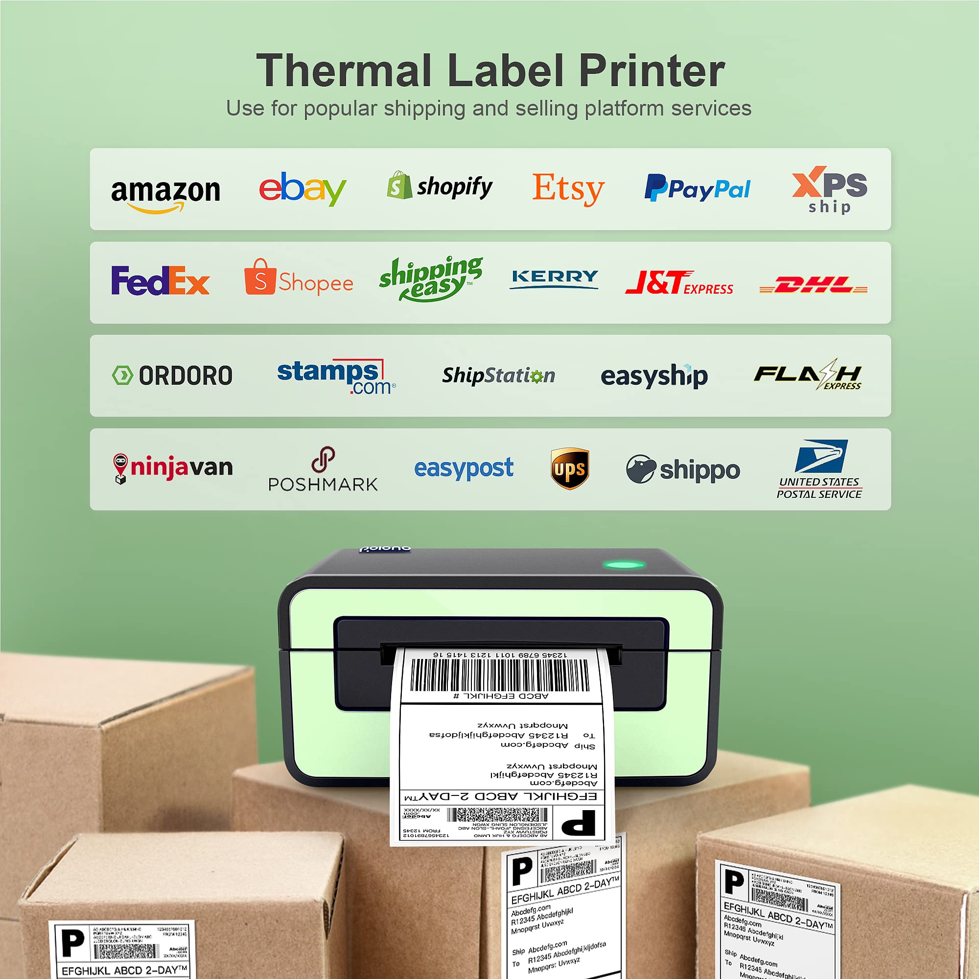POLONO Shipping Label Printer, PL60 4x6 Thermal Printer, Shipping Label Printer for Small Business, Sticker Printer Compatible with Shopify, Ebay, UPS, Amazon, Etsy, Support Windows, Mac (Green)