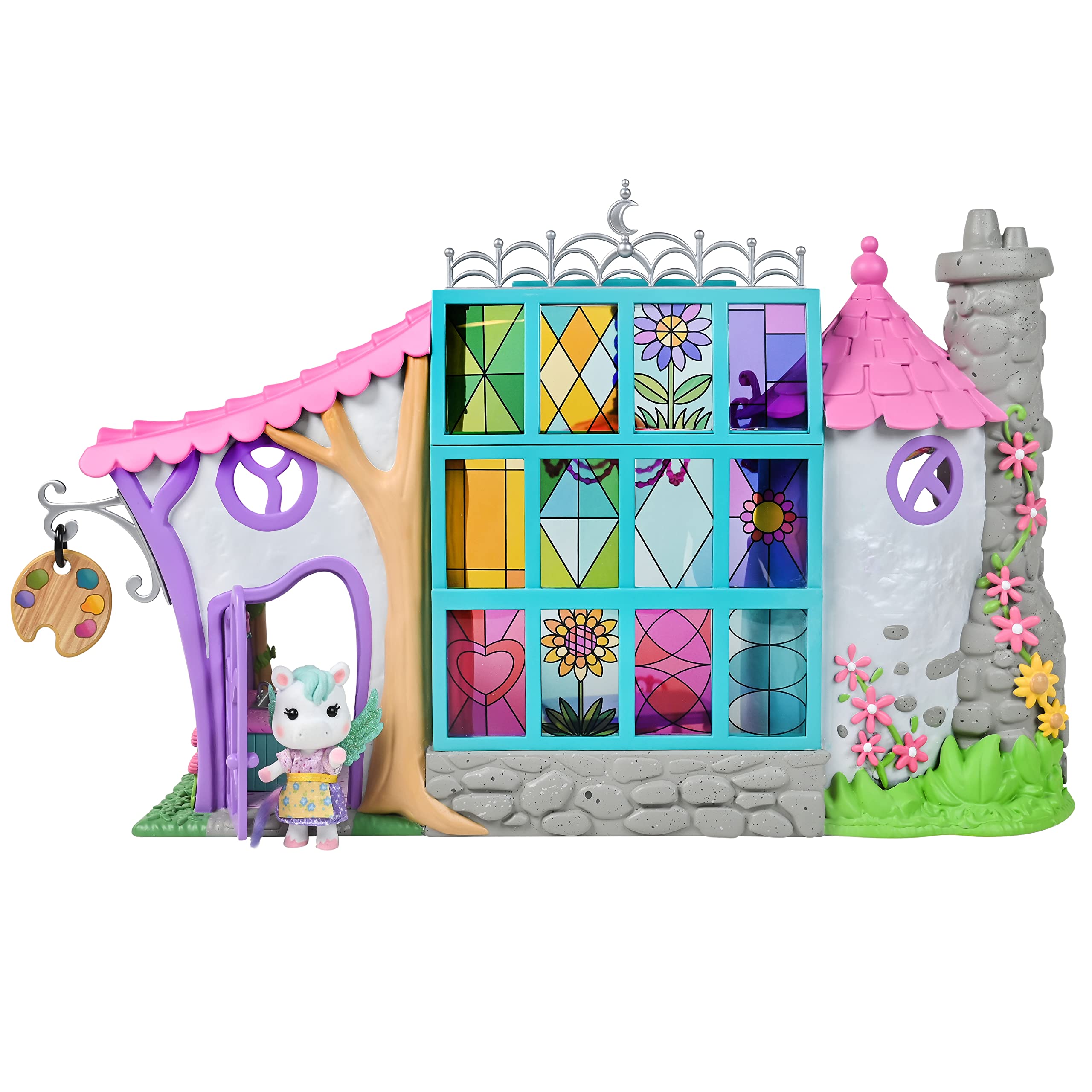 Sunny Days Entertainment Honey Bee Acres Rainbow Ridge Sunburst Art Studio – 50 Furniture Accessories with Exclusive Unicorn Figure | Light Up Dollhouse Playset | Pink Pretend Play Toys for Kids