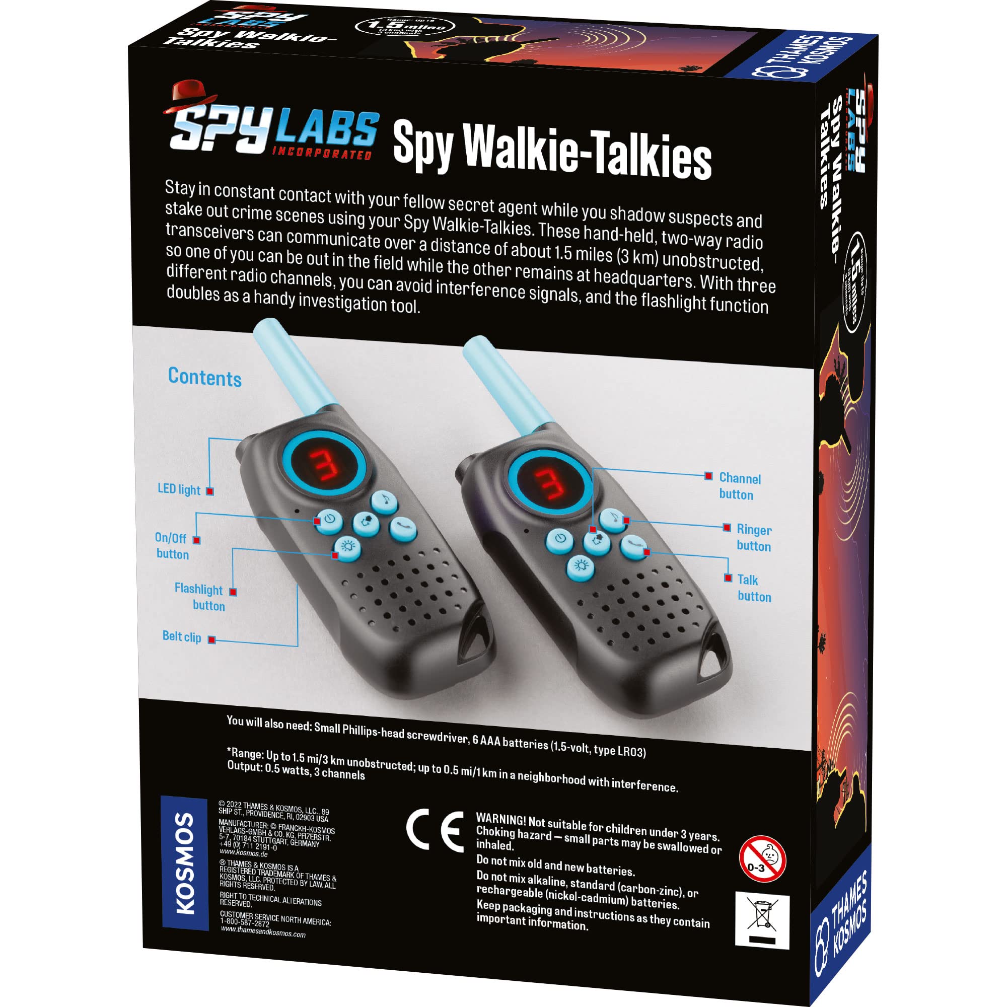 Thames & Kosmos Spy Labs Inc: Spy Walkie-Talkies 2 Hand-held, 2-Way Transceivers & Flashlight | 3 Channels, 1.5 Mile Range | Essential Tool from The Detective Gear Experts for Young Investigators