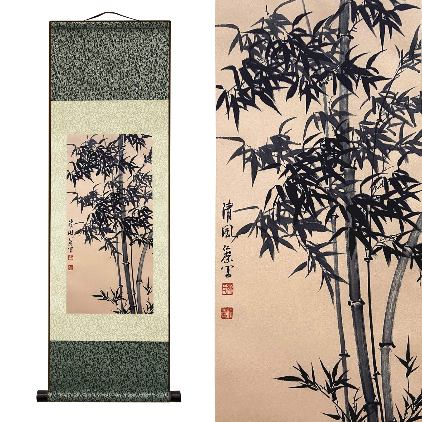AtfArt Asian Wall Decor Beautiful Silk Scroll Painting Bamboo Leaf Plant - Ancient Bamboo Oriental Decor Chinese Art Wall Scroll Wall Hanging Painting Scroll (39 x 12 in)