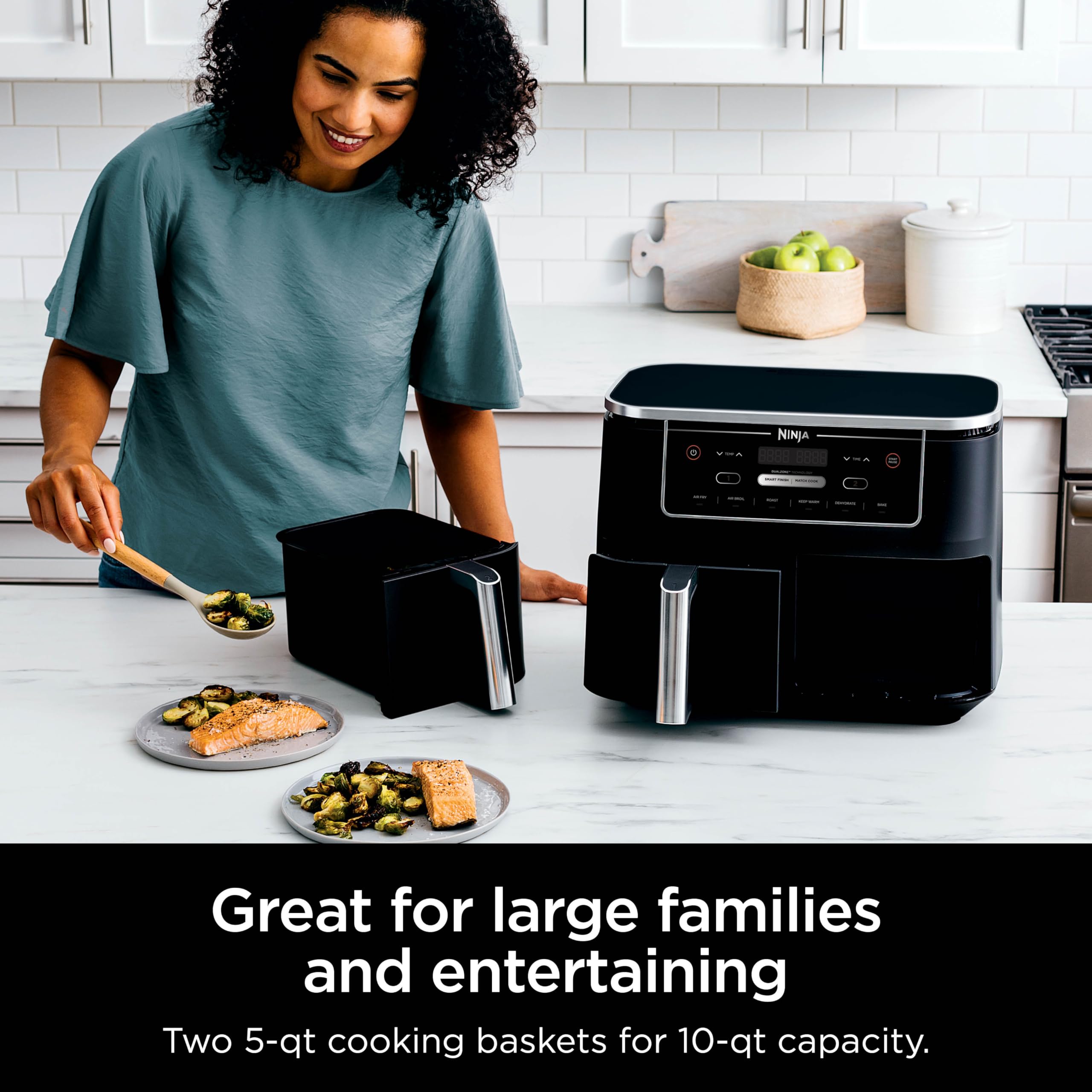 Ninja DZ302 Foodi 10-qt. 6-in-1 DualZone Smart XL Air Fryer with 2 Independent Baskets, Match Cook & Smart Finish to Air Fry, Air Broil, Roast, Bake, Dehydrate, & Keep Warm, Black