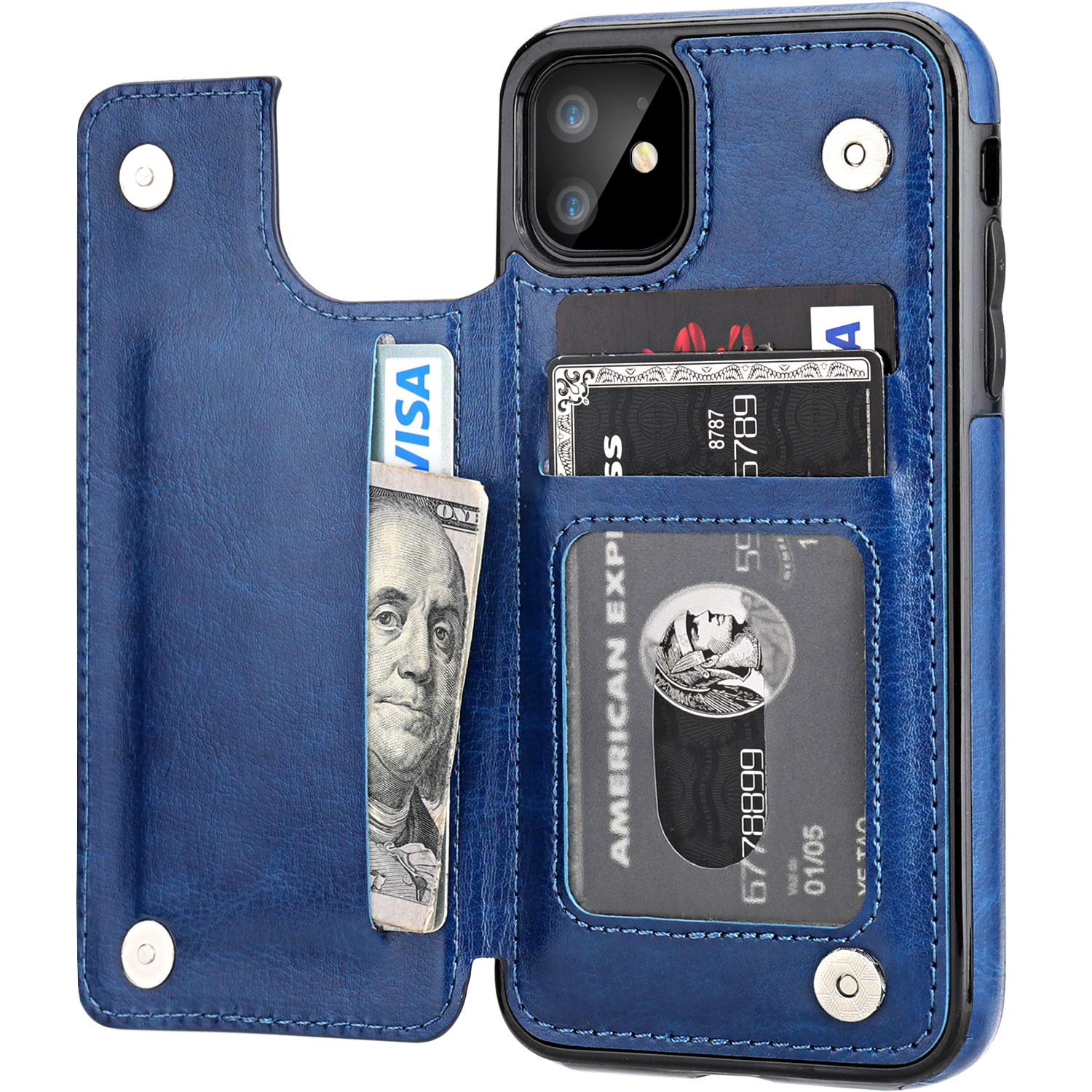 iPhone 11 Wallet Case with Card Holder,OT ONETOP PU Leather Kickstand Card Slots Case,Double Magnetic Clasp and Durable Shockproof Cover for iPhone 11 6.1 Inch(Blue)