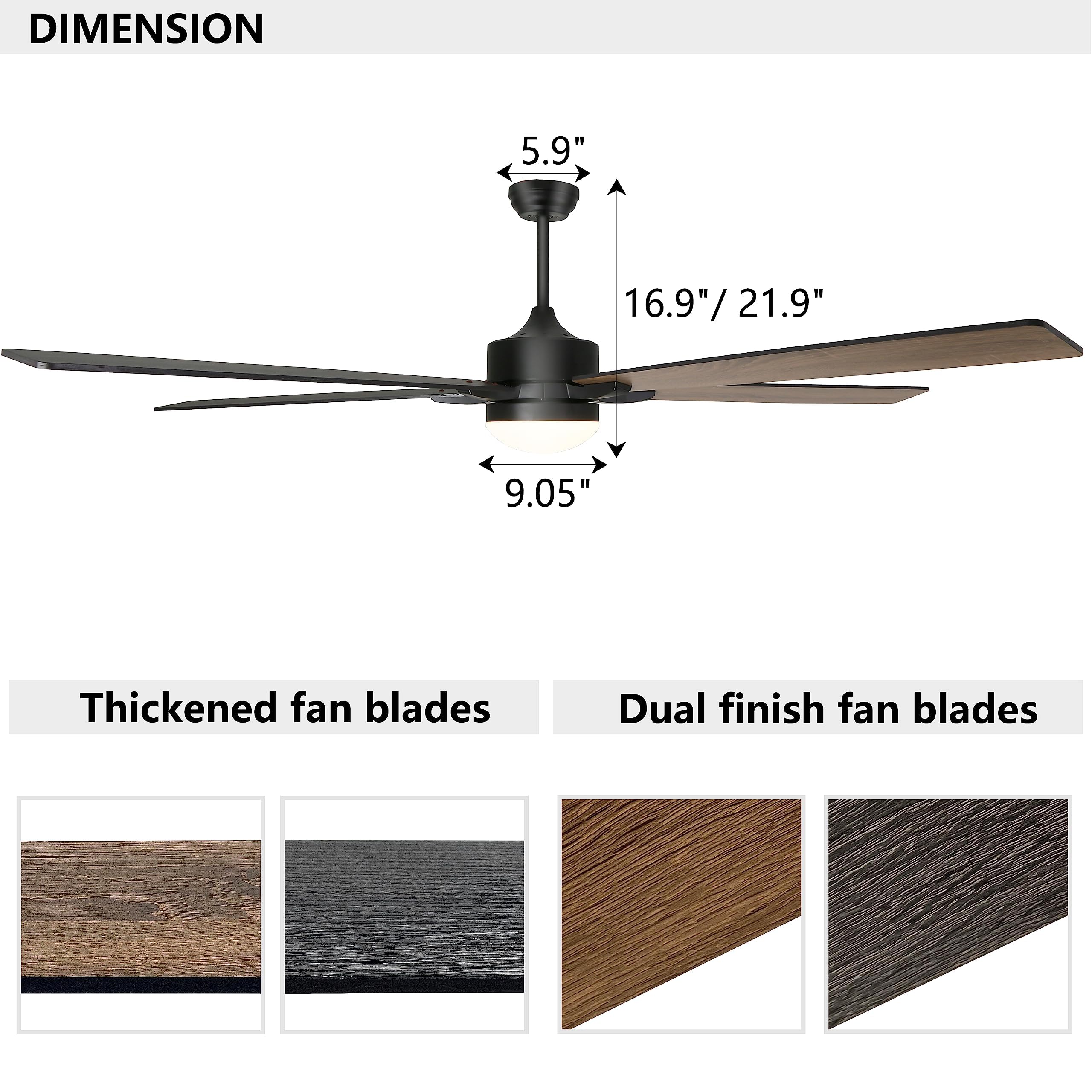 Ohniyou Large Ceiling Fan with Light and Remote, 76 inch Farmhouse Outdoor Ceiling Fan with LED Light,Extra Large Big Commercial Ceiling Fan with Light for Garage Shop Indoor