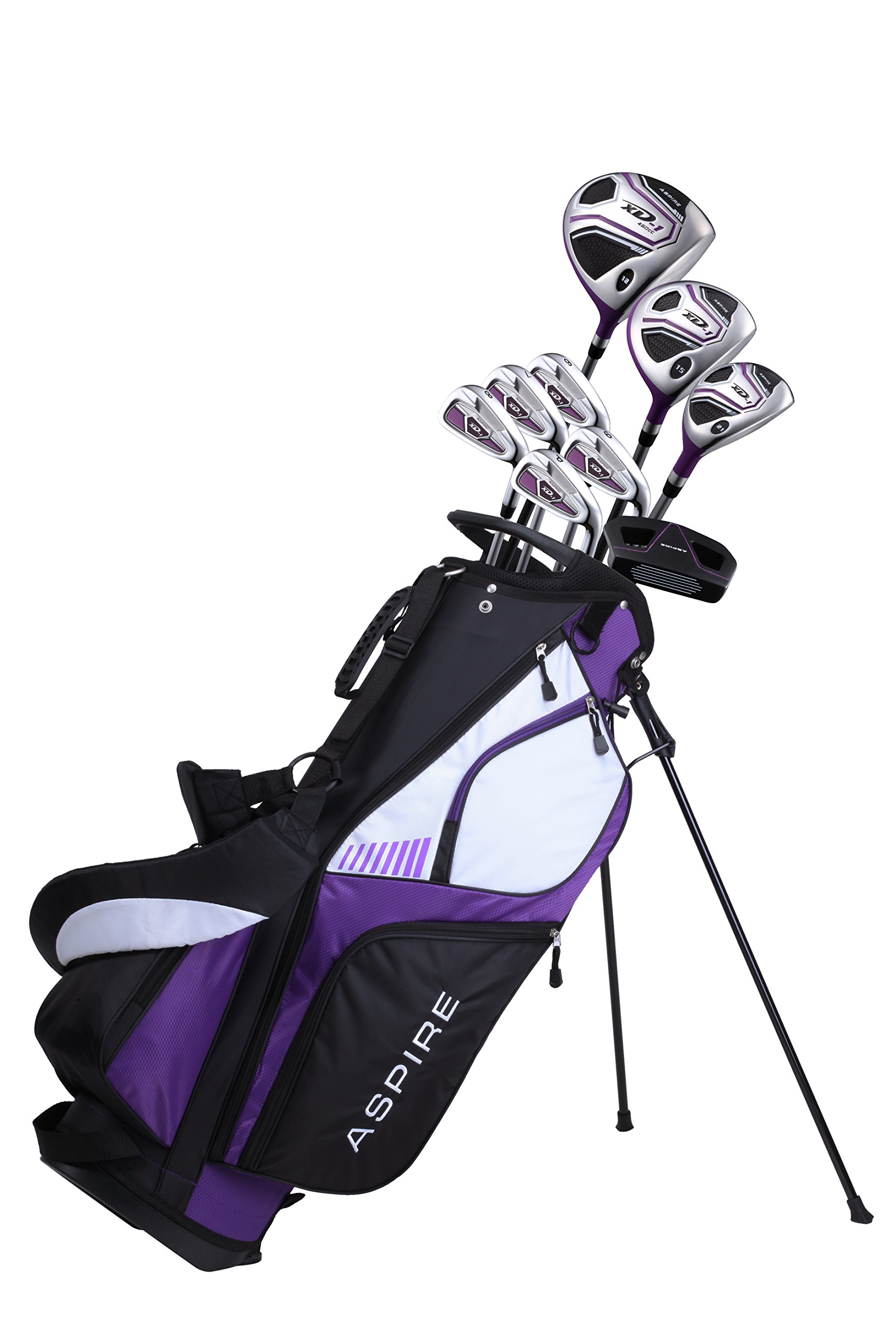 Aspire XD1 Ladies Womens Complete Golf Clubs Set Includes Driver, Fairway, Hybrid, 6-PW Irons, Putter, Stand Bag, 3 H/C's Purple