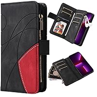 XYX Wallet Case for Samsung Galaxy A35 5G, Splicing PU Leather Flip Wallet Zipper Purse Case 9 Card Slots with Wrist Strap, Black
