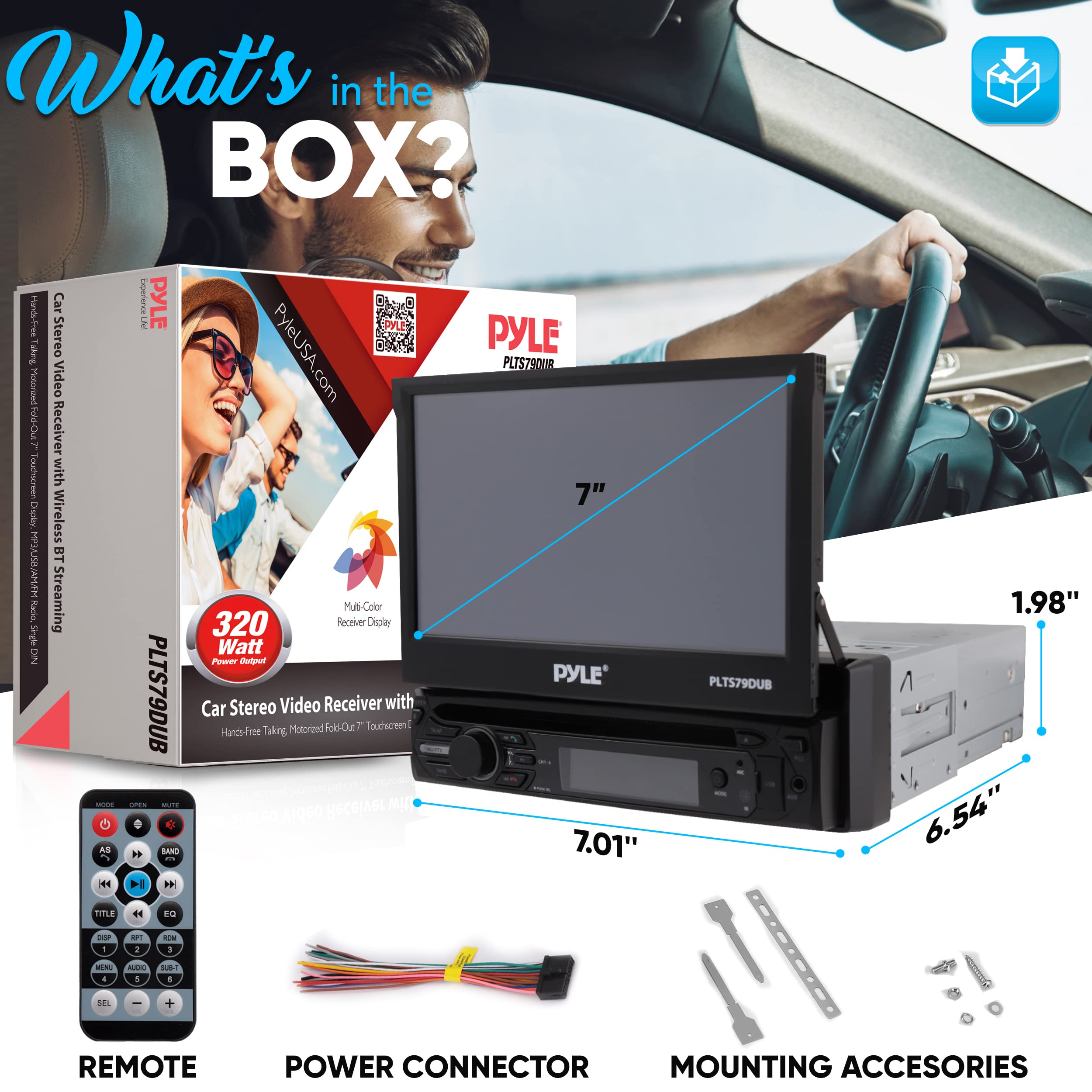 Car Stereo Video Receiver - Multimedia Disc Player, BT Wireless Streaming, Hands-Free Talking, Motorized Fold-Out 7” Touchscreen Display, Multimedia MP4/MP3/USB/AM/FM Radio, Single DIN - PLTS79DUB