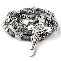 Large and Heavy Stainless Steel Beads Rugged Durable Paracord Rosary Necklace for Men with St.Michael Center Piece and St.Benedict Crucifix