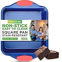 Non Stick Cake Square Pan, Deluxe Blue Carbon Steel Pan with Red Silicone Handles, Quality Metal Bakeware For Cooking & Baking Cake Loaf, Muffins & More, Compatible with Model NCSBSBL8
