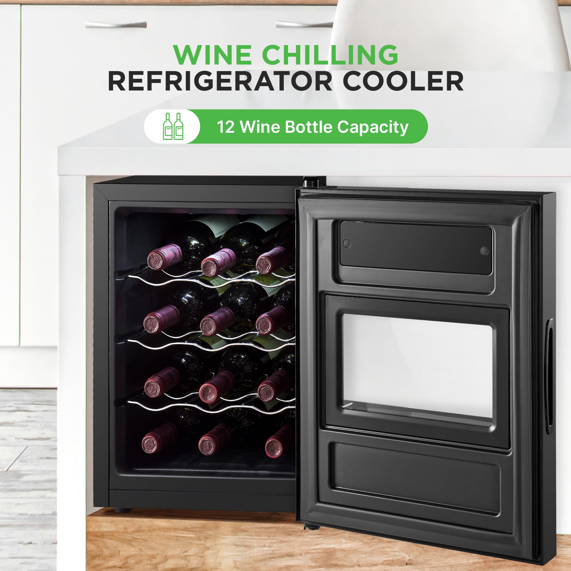 NutriChef PKCWC128 Chilling Refrigerator Cellar-Single-Zone Wine Cooler/Chiller, Digital Touch Button Control with Air Tight Seal, Contains Placement for Standing (12 Bottle Storage Capacity), Black